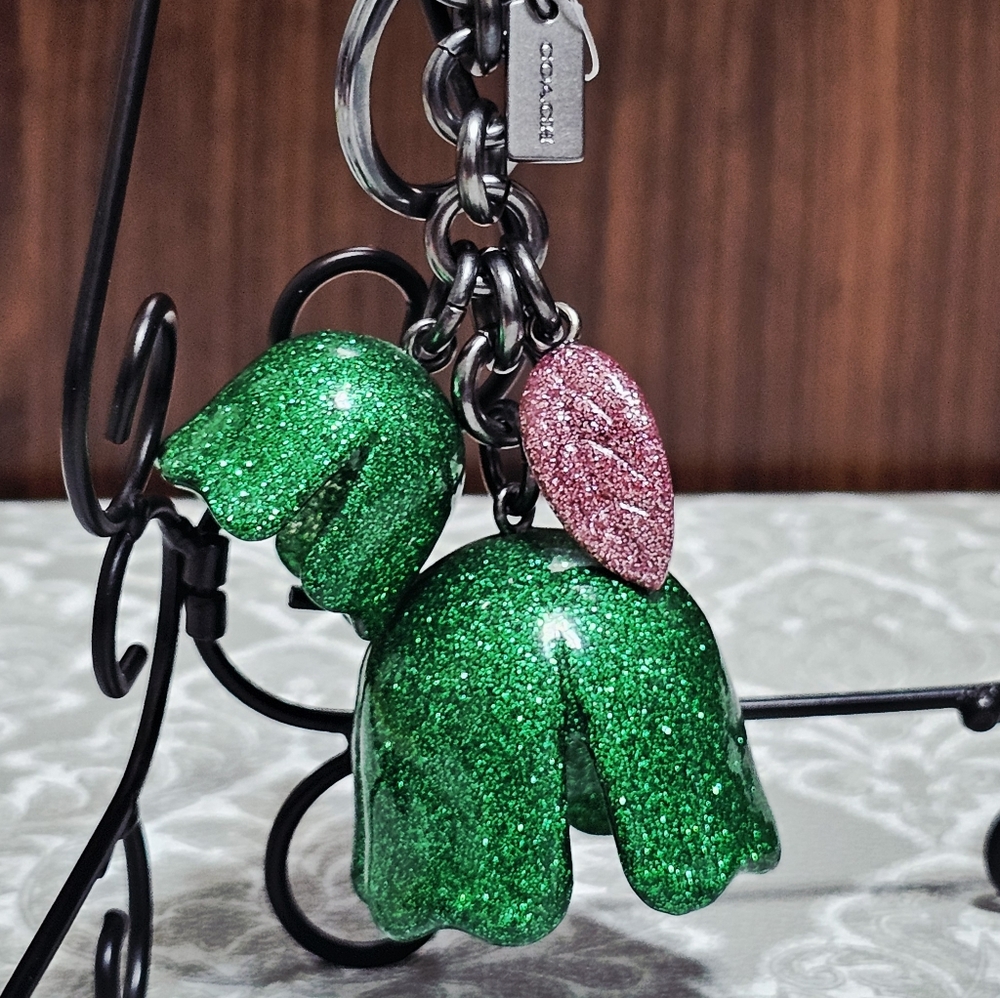 Coach Glitter Resin Tea Rose Bag Charm Keychain Green Pink F58514